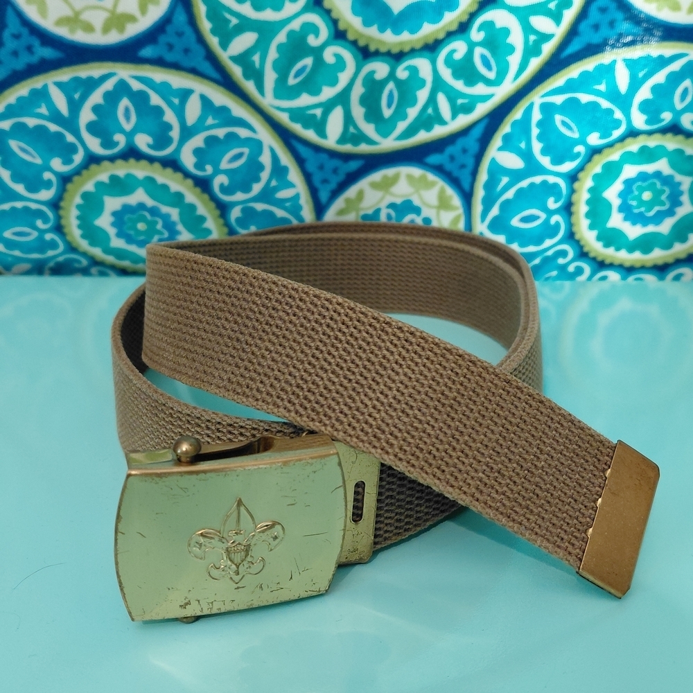 Vintage Boy Scouts of America BSA Canvas Web Belt Solid Brass Buckle Tan 42.5"